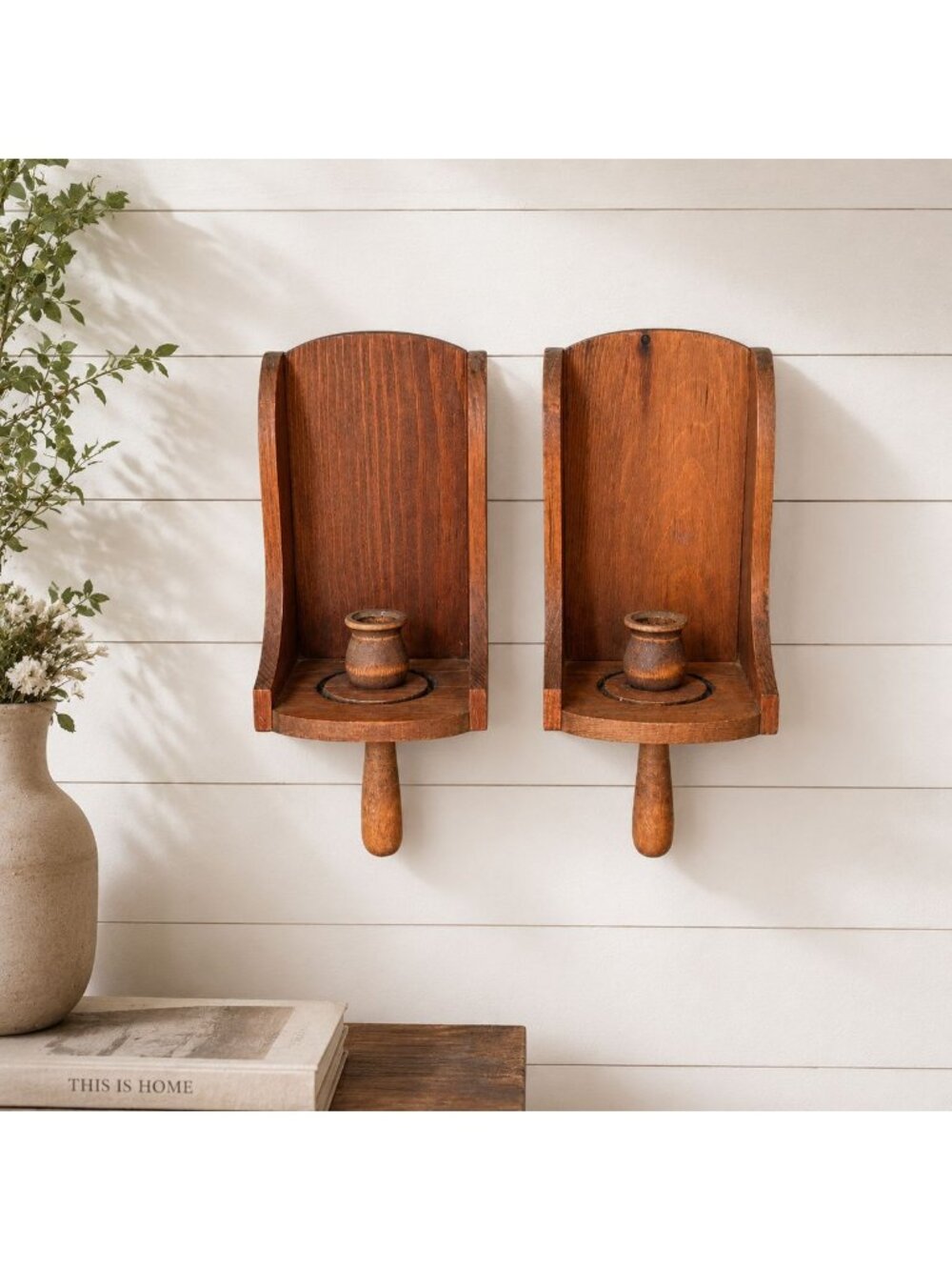 Vintage Wooden Wall Sconce Set of 2 Colonial Grain Scoop Candle Holders MCM